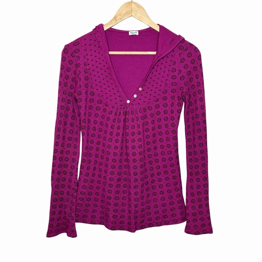 Splendid Hooded Thermal Waffle Knit Top Womens Small Y2K Hoodie Boho Fuchsia